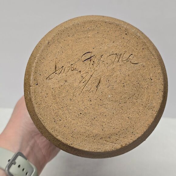 Vintage 80s Scandinavian Stoneware Pottery Floral Vase Blue Brown Signed Rustic - Picture 8 of 12